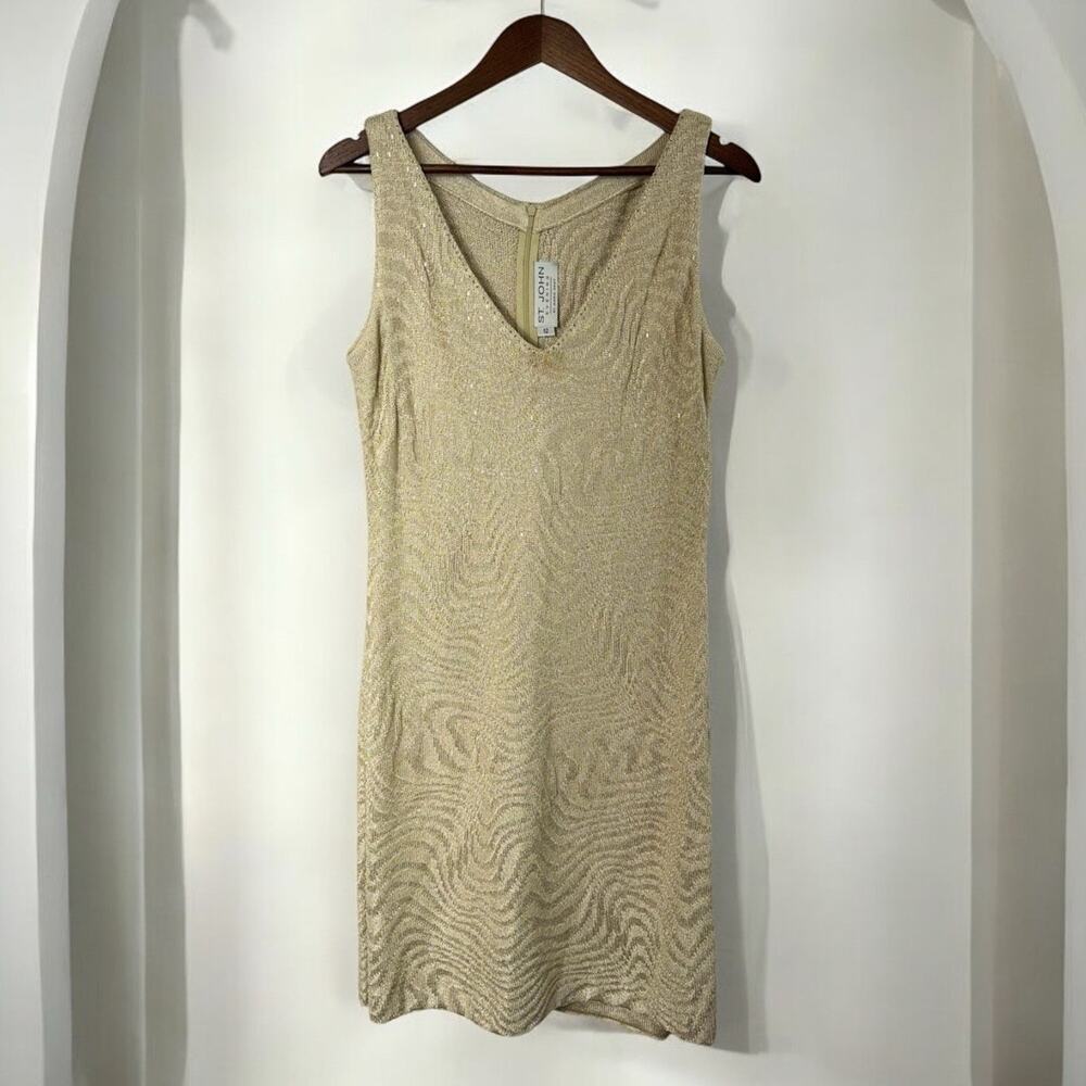 St. John Marie Gray Women’s Fit N Flare Knit Evening Gown 12 Gold Metallic FLAWS